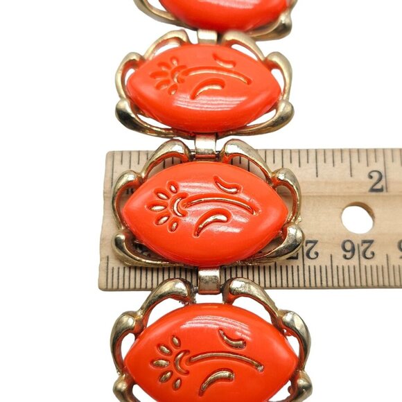 Orange Lucite Thermoset Flower Link Bangle Bracelet Gold Tone Vintage - Picture 8 of 8
